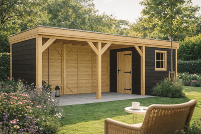 Blokhut Rijssen 250x250 cm met overkapping 500x250 cm Douglas blank met vuren wanden zwart (Incl. EPDM)- - - Van Kooten