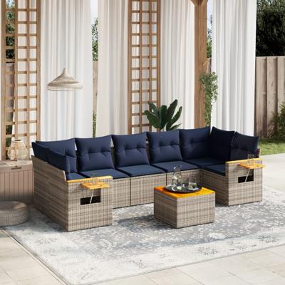 8-delige Loungeset met kussens poly rattan grijs