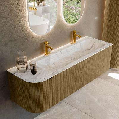 Badmeubel Mondiaz Kurve-Dlux | 145 cm cm | Meubelkleur Dusk | Wastafelkleur Glace | Solid surface | Wasbak rechter zijde spoelbak | 2 kraangaten