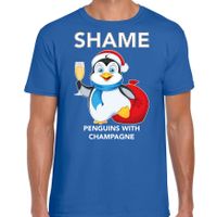 Pinguin Kerst t-shirt / outfit Shame penguins with champagne blauw voor heren - thumbnail