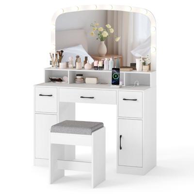 Make-up Tafel met Make-up Kruk & 3 Lichtkleuren LED-spiegel & Oplaadstation Kaptafel Wit
