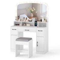 Make-up Tafel met Make-up Kruk & 3 Lichtkleuren LED-spiegel & Oplaadstation Kaptafel Wit