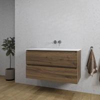 Saniclass Chaci Badkamermeubelset - 100x46x55cm - keramische wastafel wit - 1 wasbak - zonder kraangaten - 2 lades - noten (hout) SW1212772/SW773927