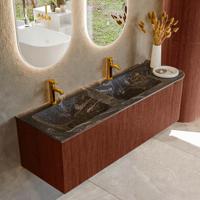 Badmeubel Mondiaz Kurve-Dlux | 145 cm cm | Meubelkleur Ruby | Wastafelkleur Lava | Solid surface | Dubbel / Links spoelbak | 2 kraangaten