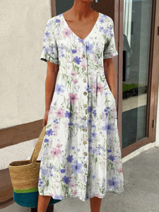 V Neck Casual Loose Floral Dress With No
