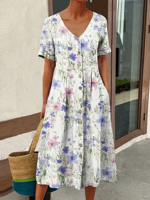 V Neck Casual Loose Floral Dress With No - thumbnail
