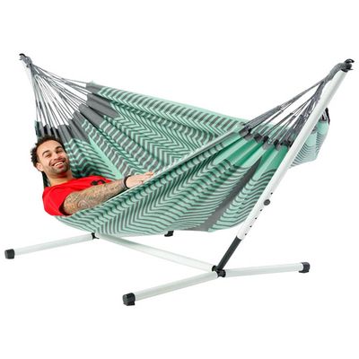 Tweepersoons hangmat met metalen standaard - 350x160cm - Groen - 160kg draagkracht- 100% katoen - binnen & buiten