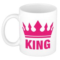 Cadeau King mok/ beker wit met fuchsia roze bedrukking 300 ml   -