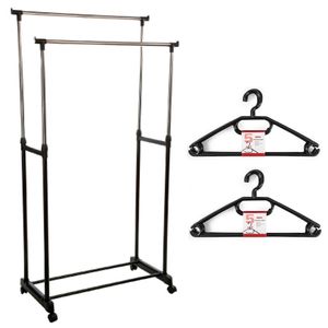 Kledingrek met kleding hangers - dubbele stang - kunststof/metaal - zwart - 80 x 42 x 170 cm