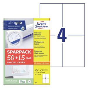 Avery-Zweckform 6601 Universele etiketten 105 x 148 mm Papier Wit 260 stuk(s) Permanent hechtend Laser (kleur), Laser (zwart/wit)