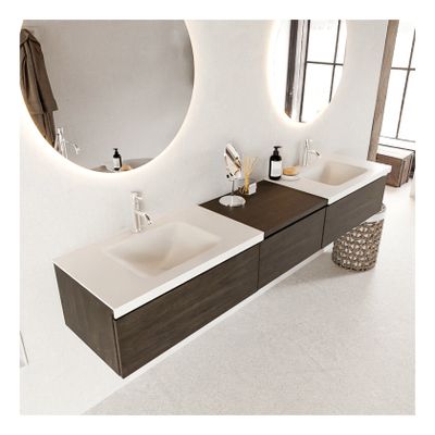 Mondiaz Bukla 220cm badmeubel met module 60 dark brown 3 lades met wastafel dubbel 2 kraangaten kleur talc