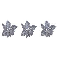 3x stuks decoratie bloemen kerstster zilver glitter op clip 23 cm - thumbnail