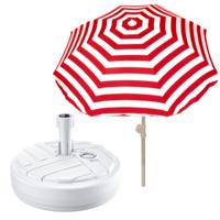 Tuin parasol met voet van 10 liter - rood/wit strepen - polyester/kunststof - Dia 180 cm