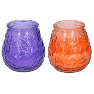 Arti Casa 4x stuks citronella Lowboy tafelkaarsen - 10 cm - oranje en paars glas
