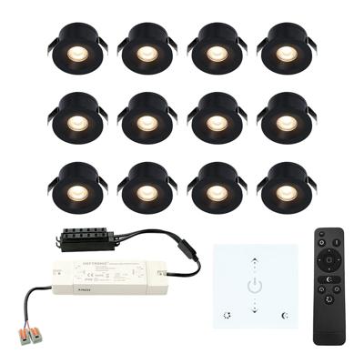 Set van 12 Cadiz LED Mini Inbouwspots met Trafo en Muurdimmer - 12 Volt 3 Watt 200 lumen - Dimbaar - Plat 26mm - 2700K - IP44 waterdicht - Zwart - Veranda Spotjes - Overkapping Spotjes