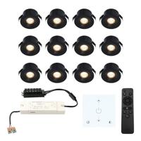Set van 12 Cadiz LED Mini Inbouwspots met Trafo en Muurdimmer - 12 Volt 3 Watt 200 lumen - Dimbaar - Plat 26mm - 2700K - IP44 waterdicht - Zwart - Veranda Spotjes - Overkapping Spotjes