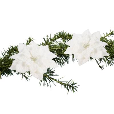 Cosy & Trendy Kerstboomversiering - 2x stuks - witte besneeuwde bloem - 15 cm - op clip