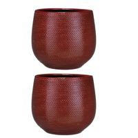 Set van 2x stuks bloempotten bordeaux rood ribbels keramiek voor kamerplant H20 x D25 cm - thumbnail