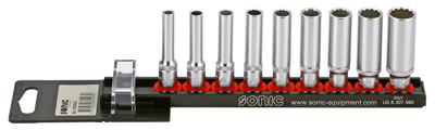 Doppenset 1/4", 12-kant lang (SAE) 9-dlg. op rail 100902