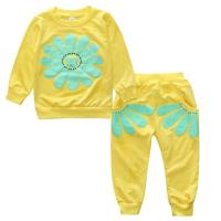 Lente en herfst meisjes zon bloem patroon lange mouw boven + Broek set grootte: 120cm (geel) Lente en herfst meisjes zon bloem patroon lange mouw boven + Broek set grootte: 120cm (geel)