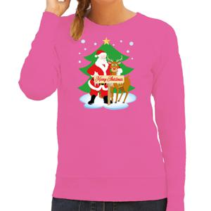 Foute kersttrui/sweater voor dames - kerstman en rudolf - roze - Merry Christmas