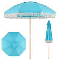 Tuinparasol voor Buiten met Franjes 180 cm Houten Strandparasol met 8 Stevige Baleinen Verstelbare Hellingshoek Automatische Opening-Blauw