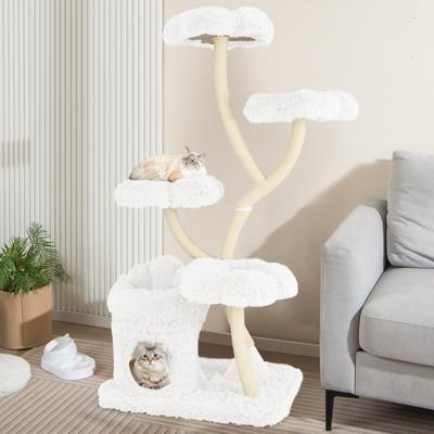 165 cm Kattenboom Kattenklimtoren met 4 Gevoerde Platforms Sisal Krabpalen Privéappartement Kattenactiviteitencentrum Wit/Grijs