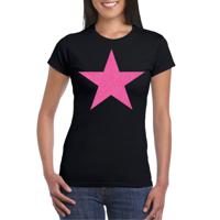 Verkleed T-shirt voor dames - ster - zwart - roze glitter - carnaval/themafeest - thumbnail