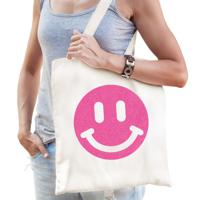 Cadeau tas voor dames - glitter smiley - wit - katoen - 42 x 38 cm - Moederdag - verjaardag