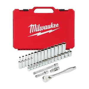 Milwaukee Ratel + doppen set 3/8 Drive 32 pc Ratchet + Socket Set Metric - 4932464945