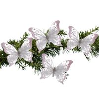 4x stuks kerstboom decoratie vlinders op clip glitter wit 15,5 cm - thumbnail