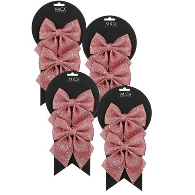 Kerst ornamenten strikken - 8x st - roze met glitter - 12 x 13 cm - kerstboomstrikjes