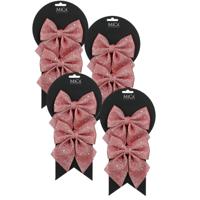 Kerst ornamenten strikken - 8x st - roze met glitter - 12 x 13 cm - kerstboomstrikjes