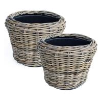Planten/bloemen mand - 2x - rotan - gevlochten riet - D36 x H28 cm - drypot - plantenpot