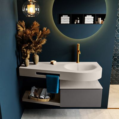 MONDIAZ RIVA 120cm badmeubel onderkast / planchet kleur Dark_Grey met 1 lade. Wastafel DULCET rechts 1 kraangat kleur Linen.