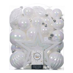 Set van 55x stuks kunststof kerstballen incl. ster piek parelmoer wit - Kerstbal