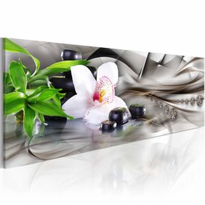 Schilderij - Zen compositie: bamboe, orchidee en stenen , wit groen