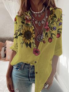 Sun Flower Print Shirt Long Sleeve Loose Holiday Shirt