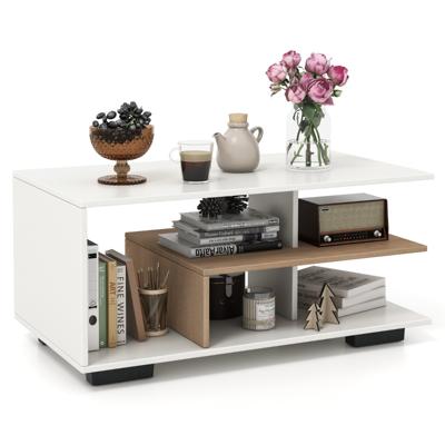Salontafel met Opbergruimte Rechthoekige Centrale Tafel met Centrale L Plank Multifunctionele Geometrische Tafel met 3 Niveaus-Wit