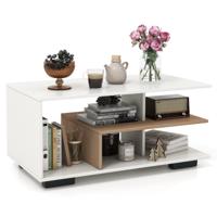Salontafel met Opbergruimte Rechthoekige Centrale Tafel met Centrale L Plank Multifunctionele Geometrische Tafel met 3 Niveaus-Wit