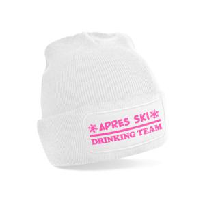 Wintersport muts voor volwassenen - Drinking Team - wit - roze glitter - one size - Apres ski beanie