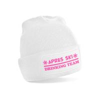 Wintersport muts voor volwassenen - Drinking Team - wit - roze glitter - one size - Apres ski beanie - thumbnail