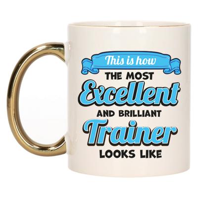Cadeau koffie/thee mok - excellent trainer/coach - goud/blauw - keramiek - 300 ml