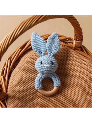 1pc Handmade Crochet Bunny Ear Wooden Teething Rings, Baby Teether Gift For Teething Period Blue / one-size