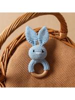 1pc Handmade Crochet Bunny Ear Wooden Teething Rings, Baby Teether Gift For Teething Period Blue / one-size