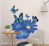Stickers Blauwe aquarel bloemen met vlinders