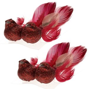 8x stuks decoratie vogels op clip glitter rood 11 cm