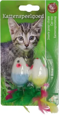 Boon kattenspeelgoed bontmuis + veren 4 centimeters kaart a 2 stuks