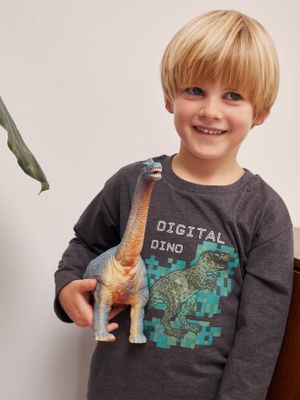 Jongens-T-shirt met pixeleffect en digitale dino's in reliëf gemêleerd grijs