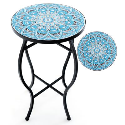 Bijzettafel met Mozaïek voor Buiten Kleine 35 cm Ronde Salontafel met Keramisch Tegelblad Plantenstandaard Blauw
